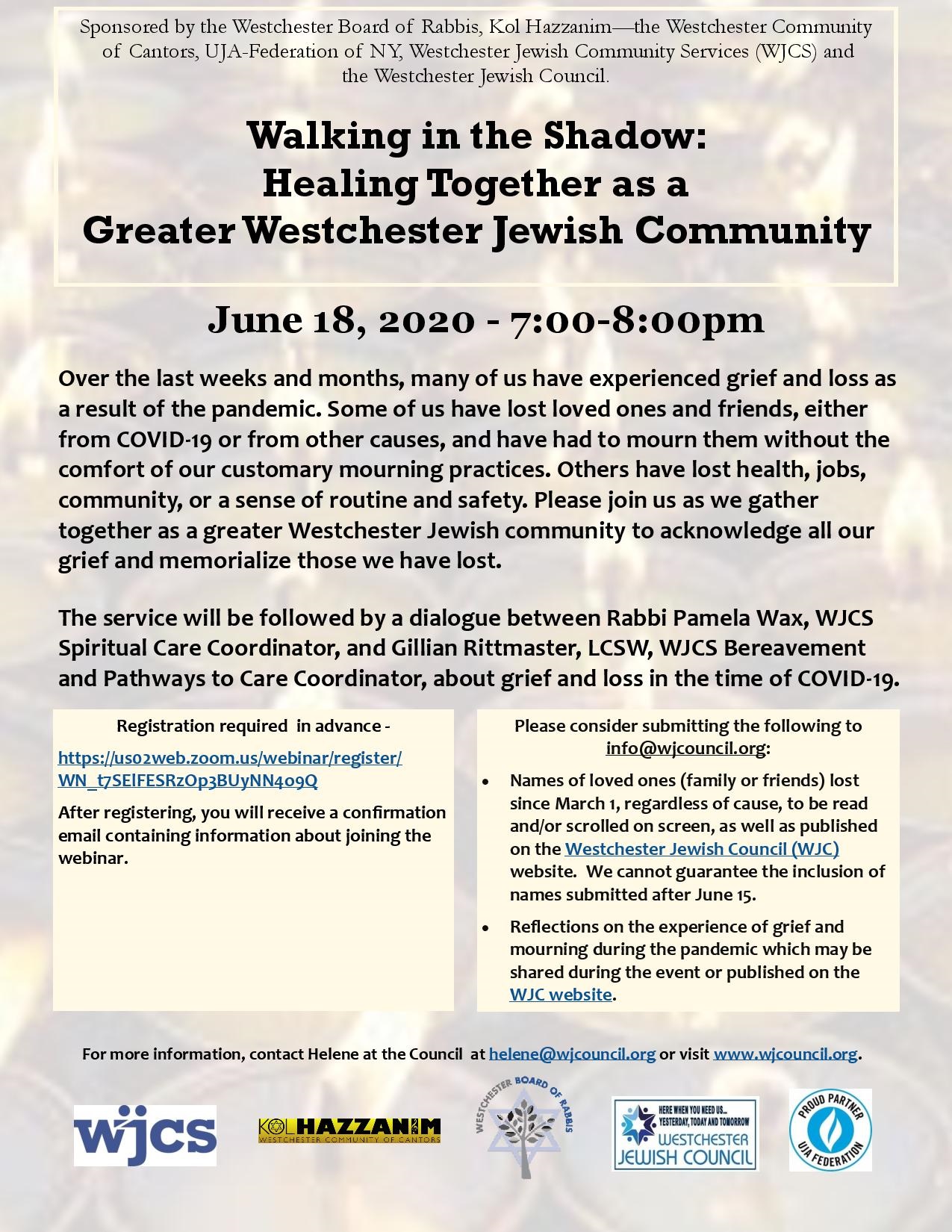Westchester Memorial Service -  "Walking in the Shadow: Healing Together as a Greater Westchester Jewish Community"