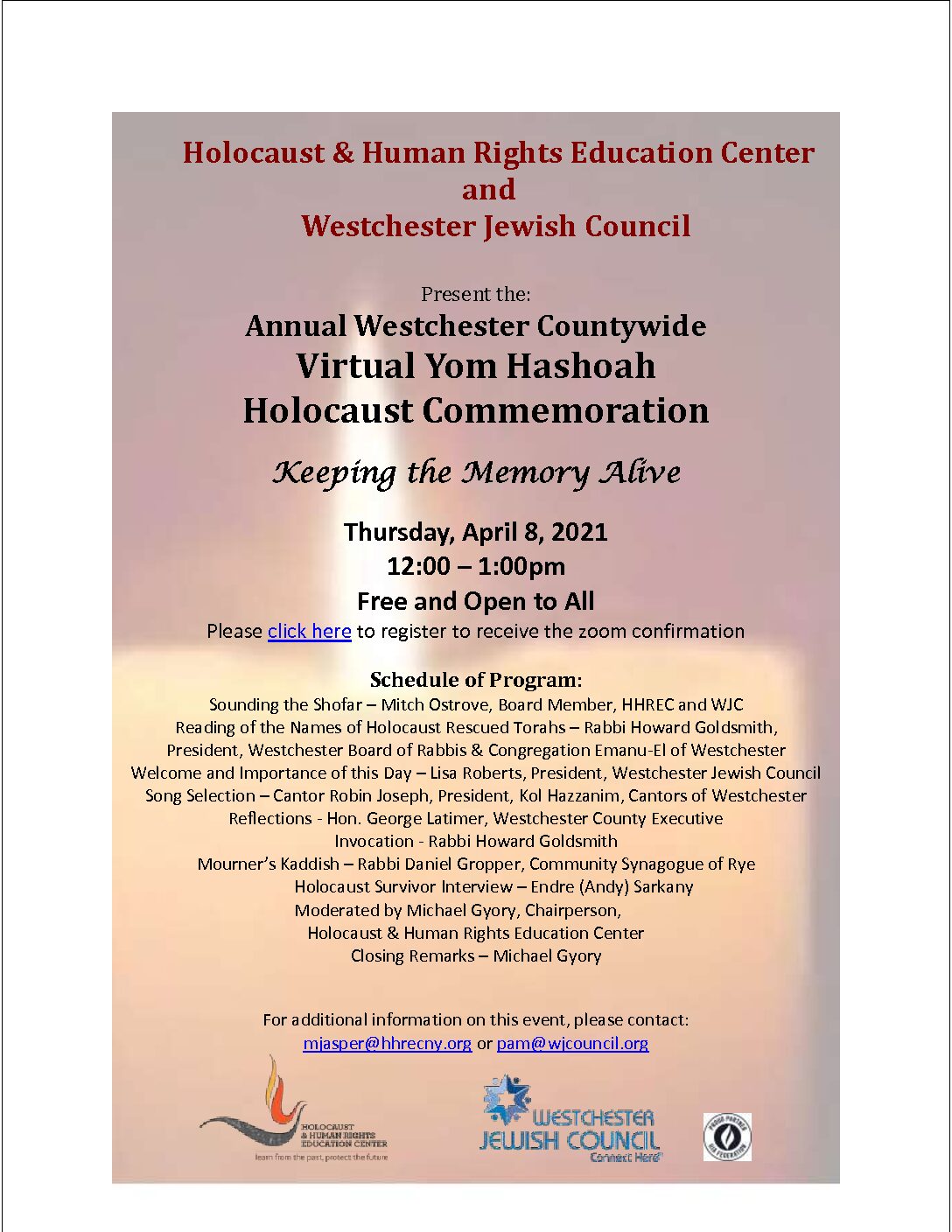 Yom Hashoah Community Virtual Commemoration with HHREC and Westchester Jewish Council