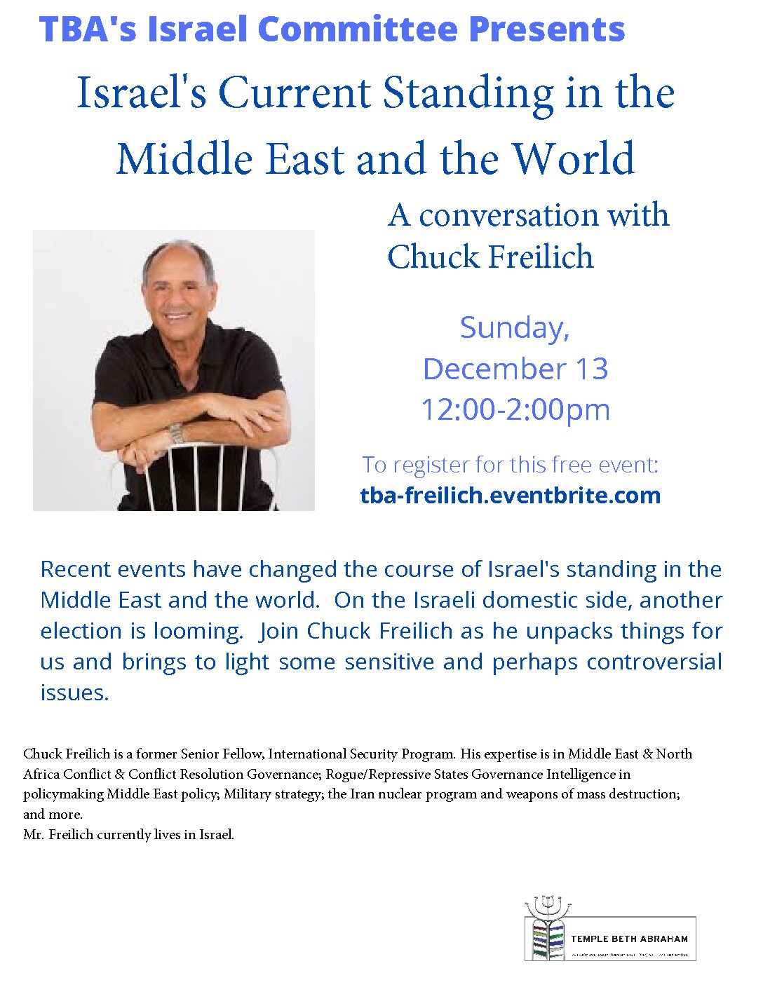 TBA's Israel Committee Presents-Israel's Current Standing in the Middle East and the World - A Conversation with Chuck Frelich