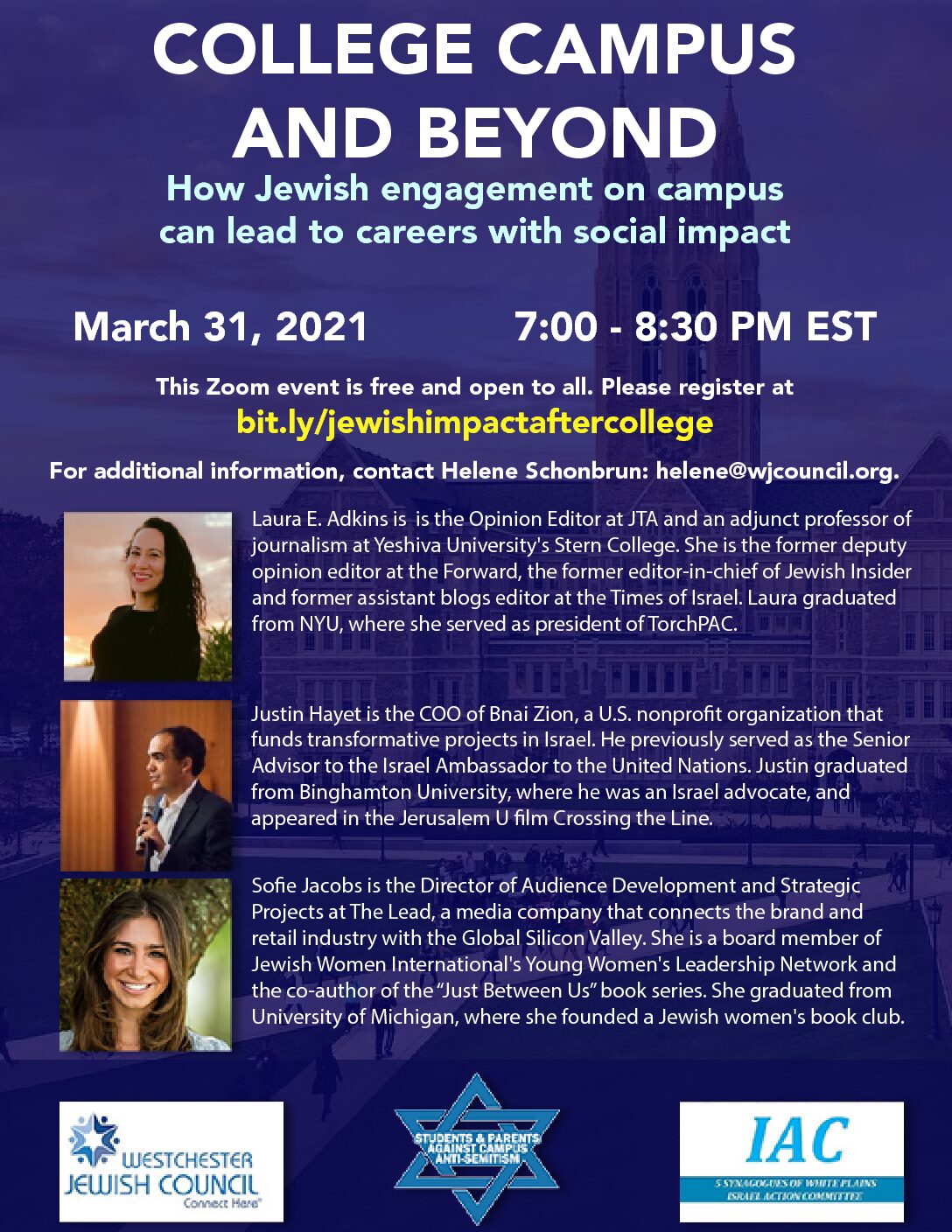 SPACA, 5 Synagogues of White Plains and Westchester Jewish Council -College Campus and Beyond - How Jewish engagement on campus can lead to careers with social impa