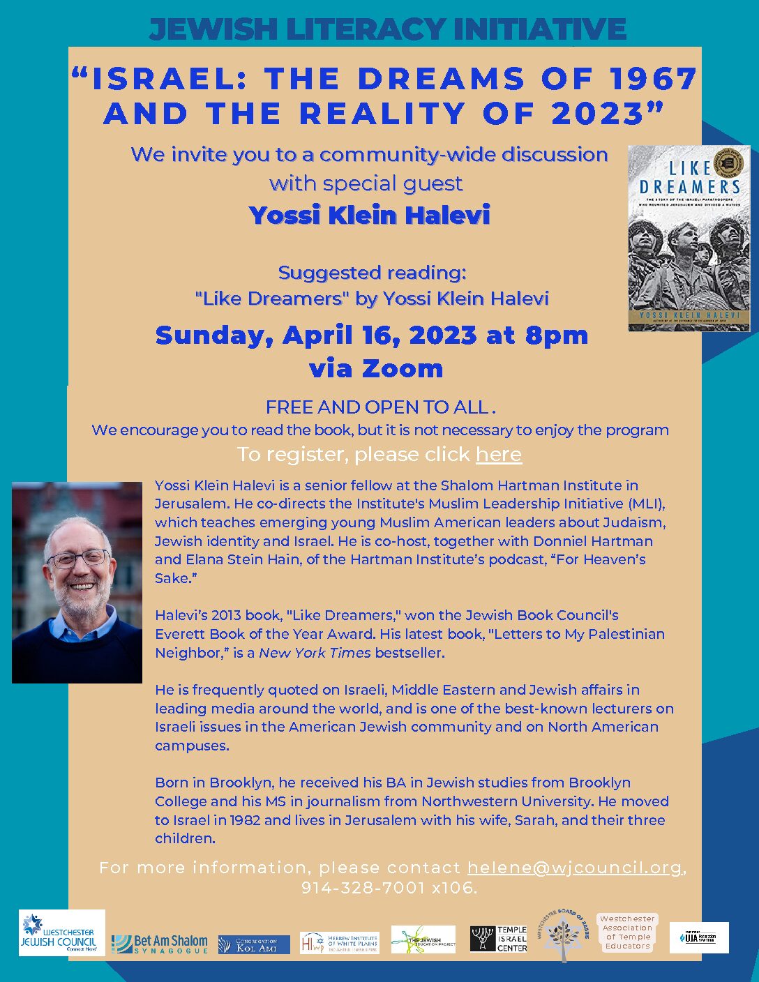 Westchester Jewish Council Jewish Literacy - Israel: The Dreams of 1967 and the Reality of 2023 with Yossi Klein Halevi