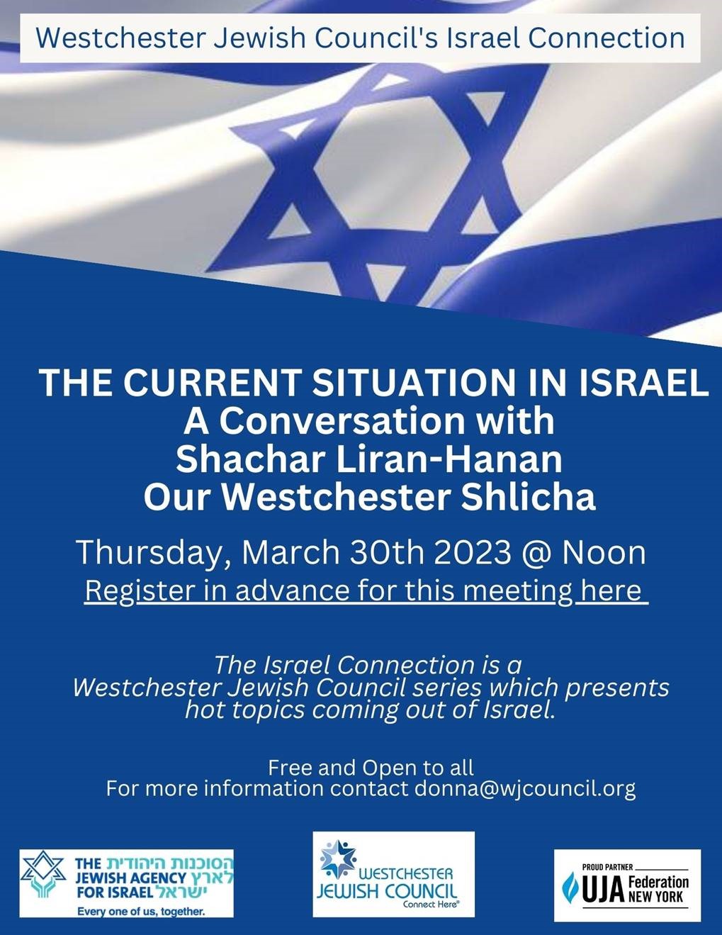 Westchester Jewish Council Israel Connection - The Current Situation in Israel-A Conversation with Shachar Liran-Hanan Our Westchester Shlicha