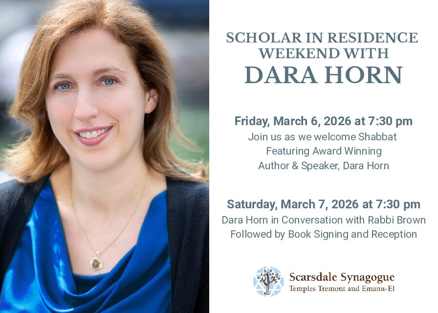 Scarsdale Synagogue for a special Scholar in Residence Weekend with acclaimed author and thinker Dara Horn